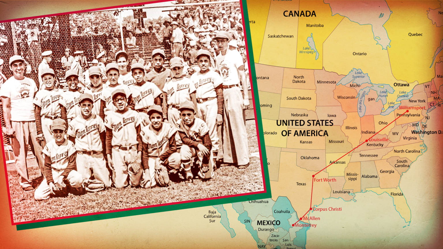 A photo of a baseball team situated over a map of North America