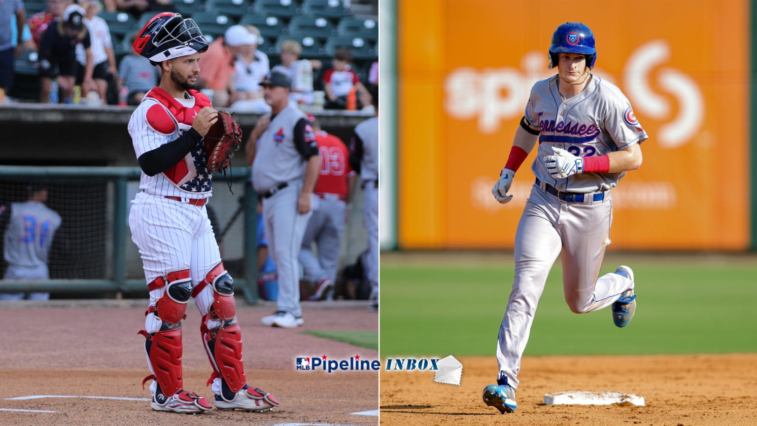 A split photo shows a catcher standing near home plate and a runner rounding second base