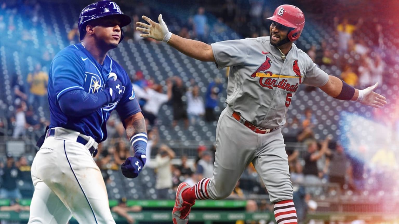 A composite image showing Wander Franco pounding his chest on the left and Albert Pujols spreading his arms wide and smiling after hitting a homer on the right