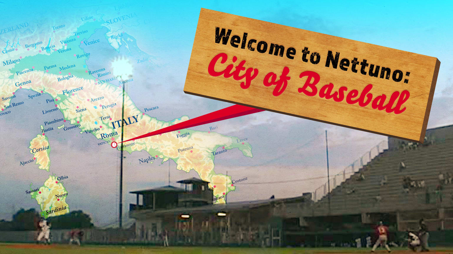 A map of Italy with a sign reading ''Welcome to Nettuno: City of Baseball'' pointing to a spot on the map, overlaid on a photo of a baseball game