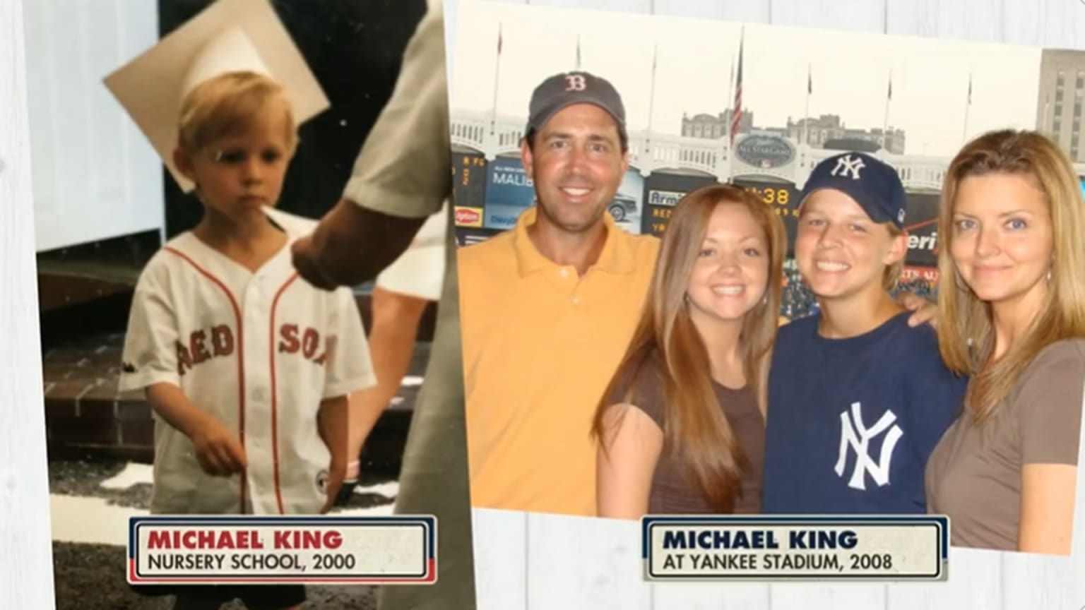 A screengrab from an ESPN broadcast shows family photos of Michael King