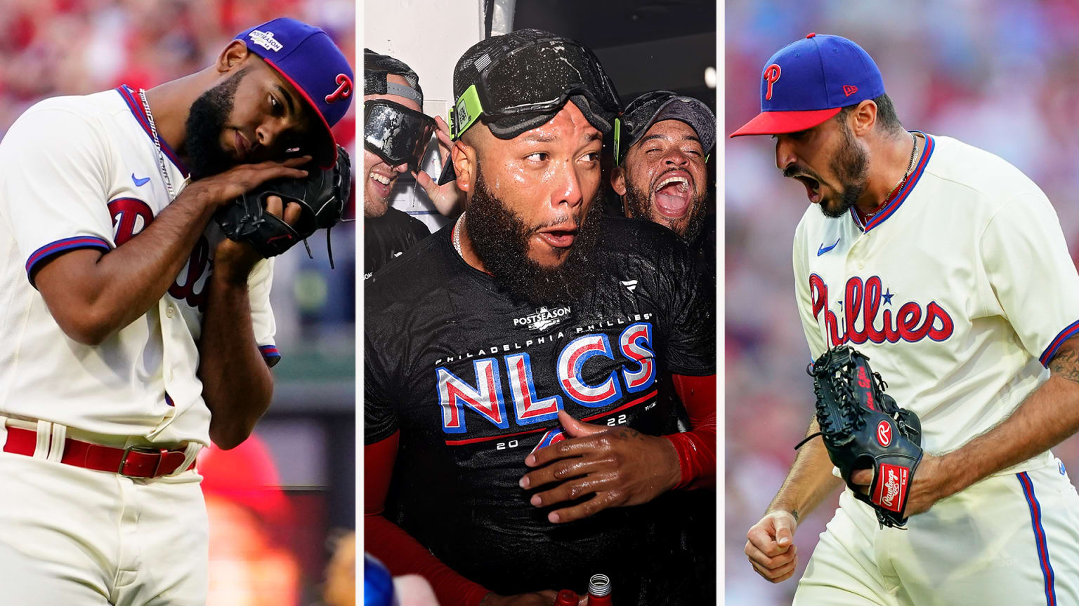 A split image showing two pitchers on the field on the left and right and one celebrating in the clubhouse in the center