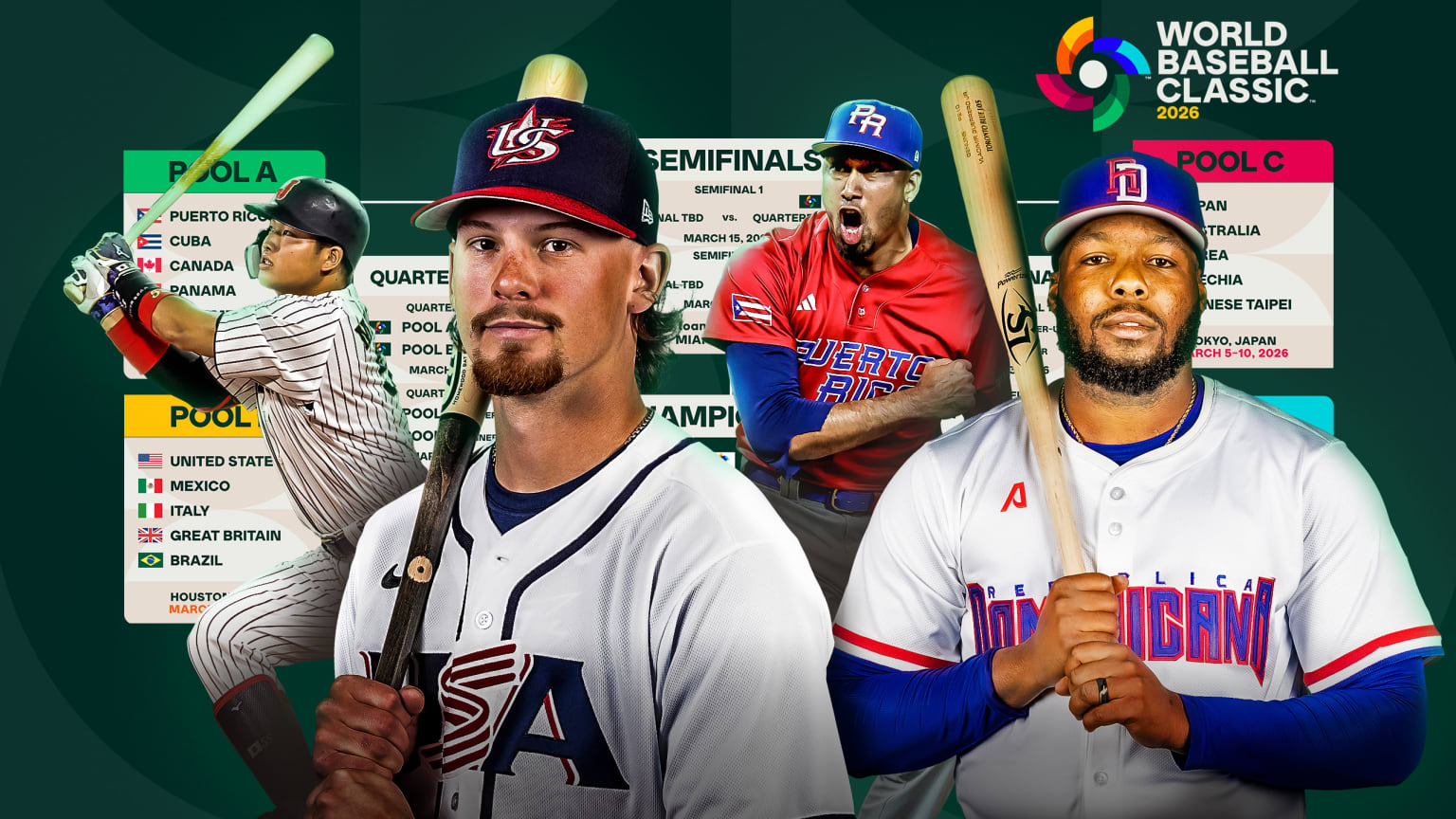 Munetaka Murakami of Japan, Bobby Witt Jr. of the U.S., Edwin Díaz of Puerto Rico and Vladimir Guerrero Jr. of the Dominican Republic