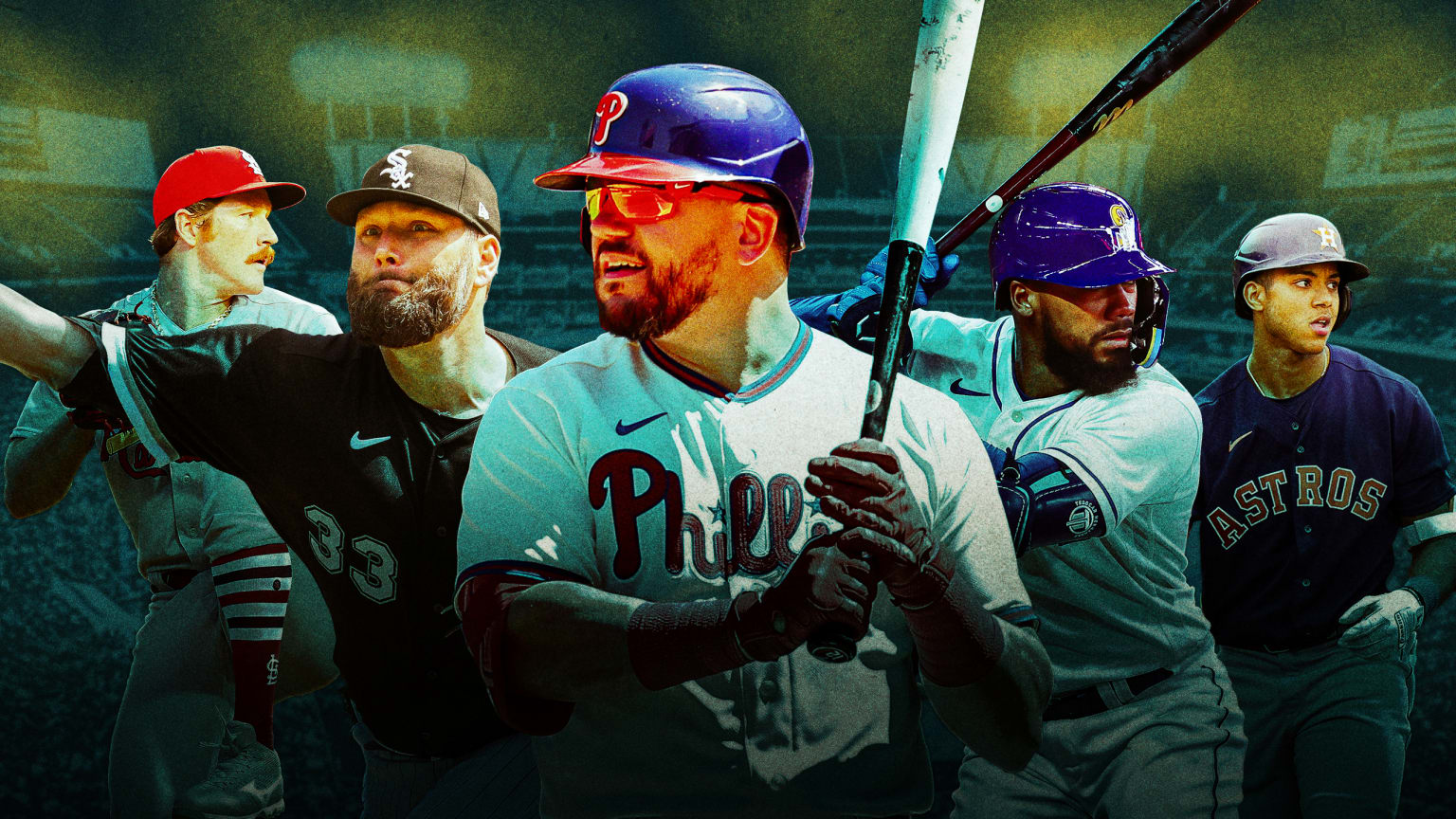 A photo illustration featuring players from the Cardinals, White Sox, Phillies, Mariners and Astros