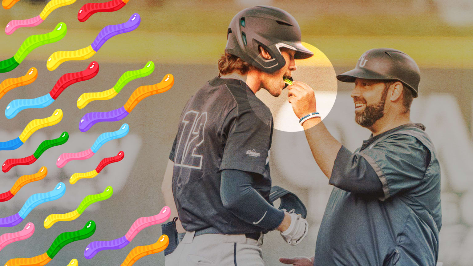 A photo illustration of a coach giving a player candy, with colorful gummy worms behind the player