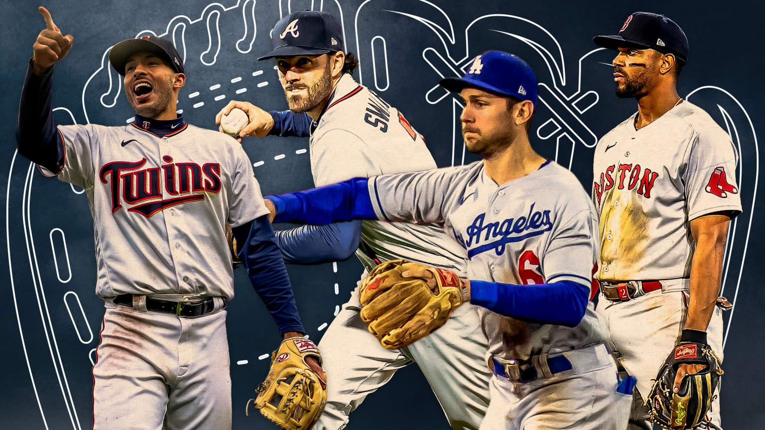 Carlos Correa, Dansby Swanson, Trea Turner and Xander Bogaerts are pictured in front of a background featuring a large baseball glove