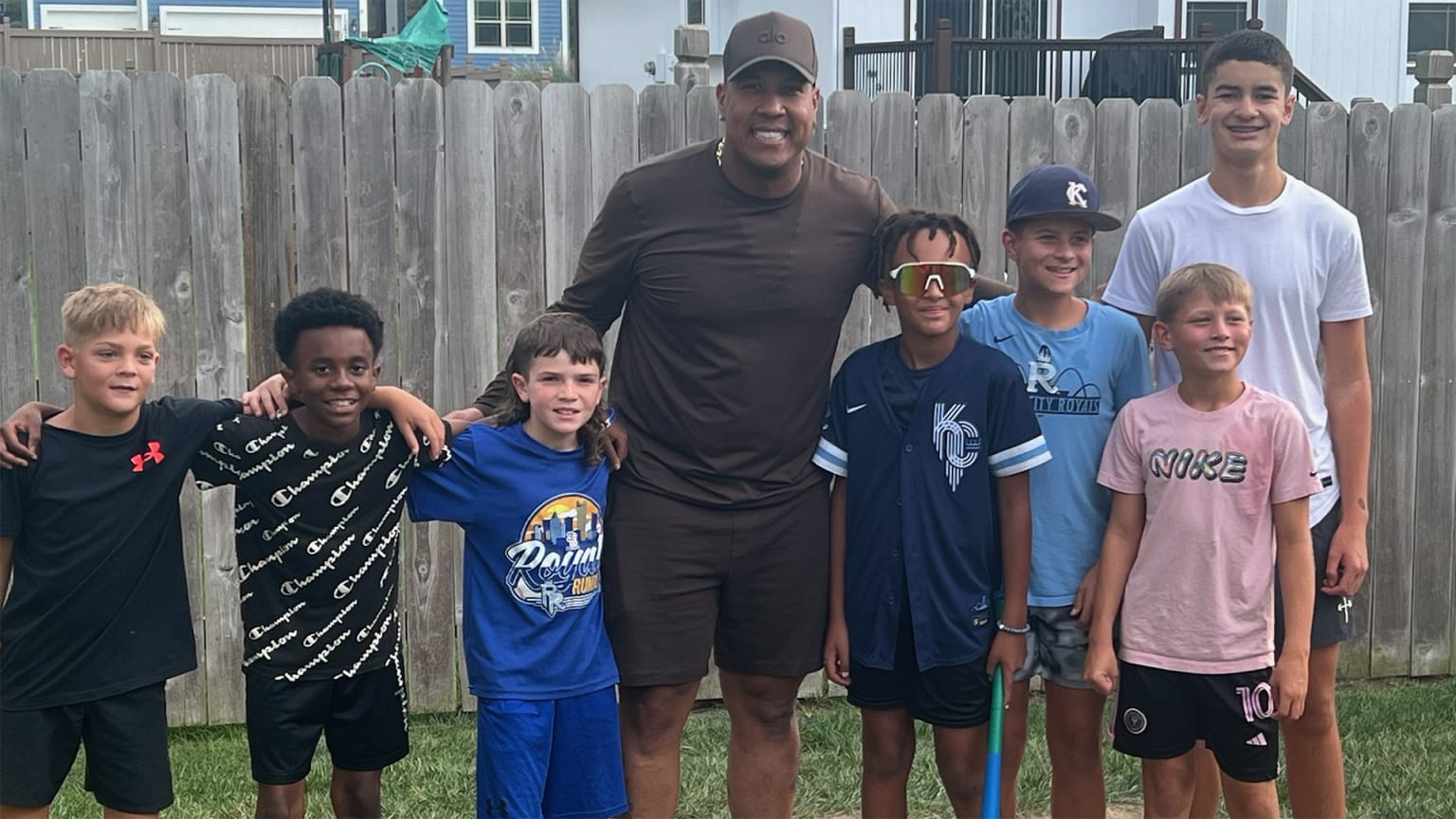 Salvador Perez joined some neighborhood kids in a backyard Wiffle ball game