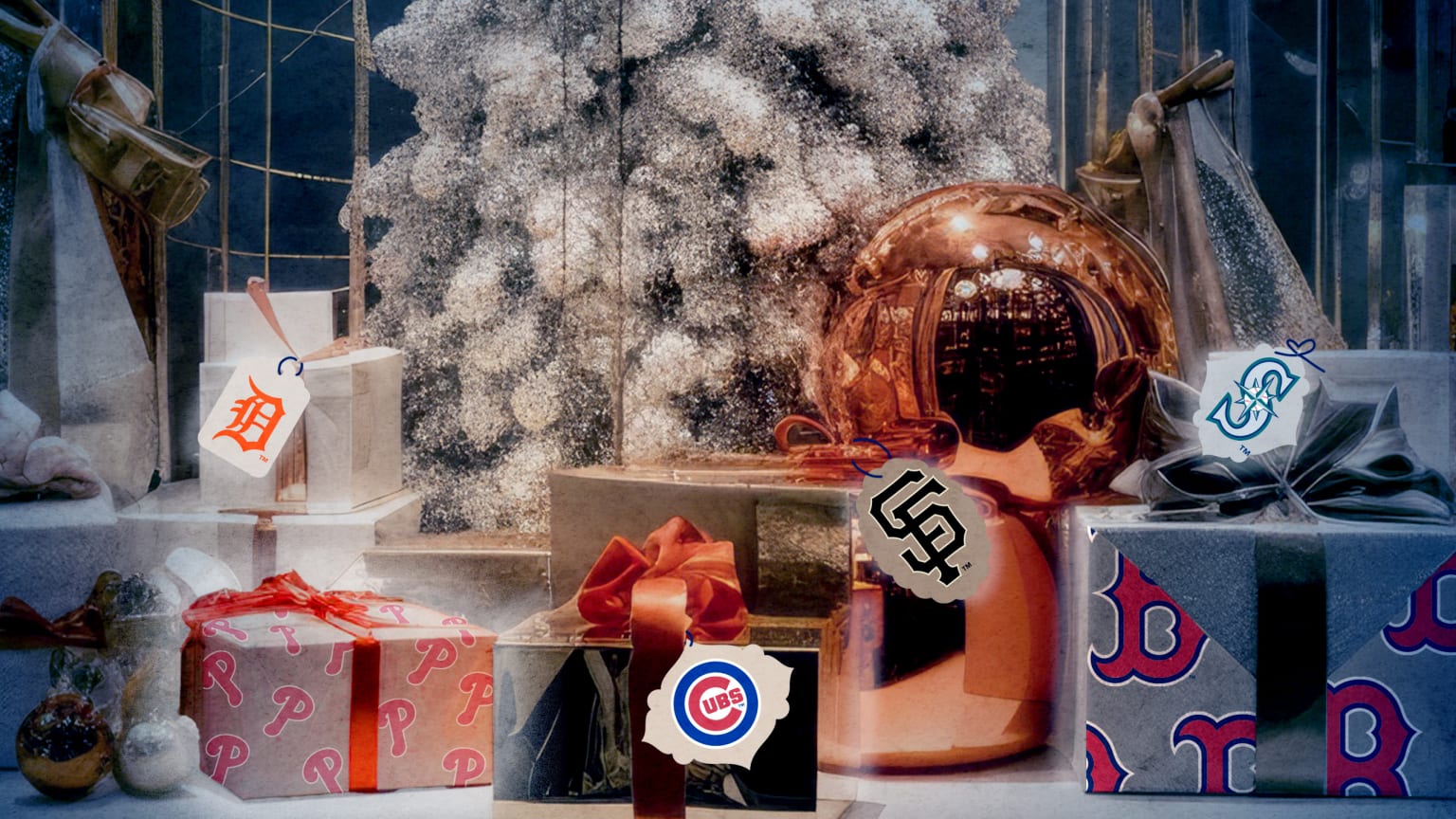 A designed image of Christmas presents showing MLB team logos 