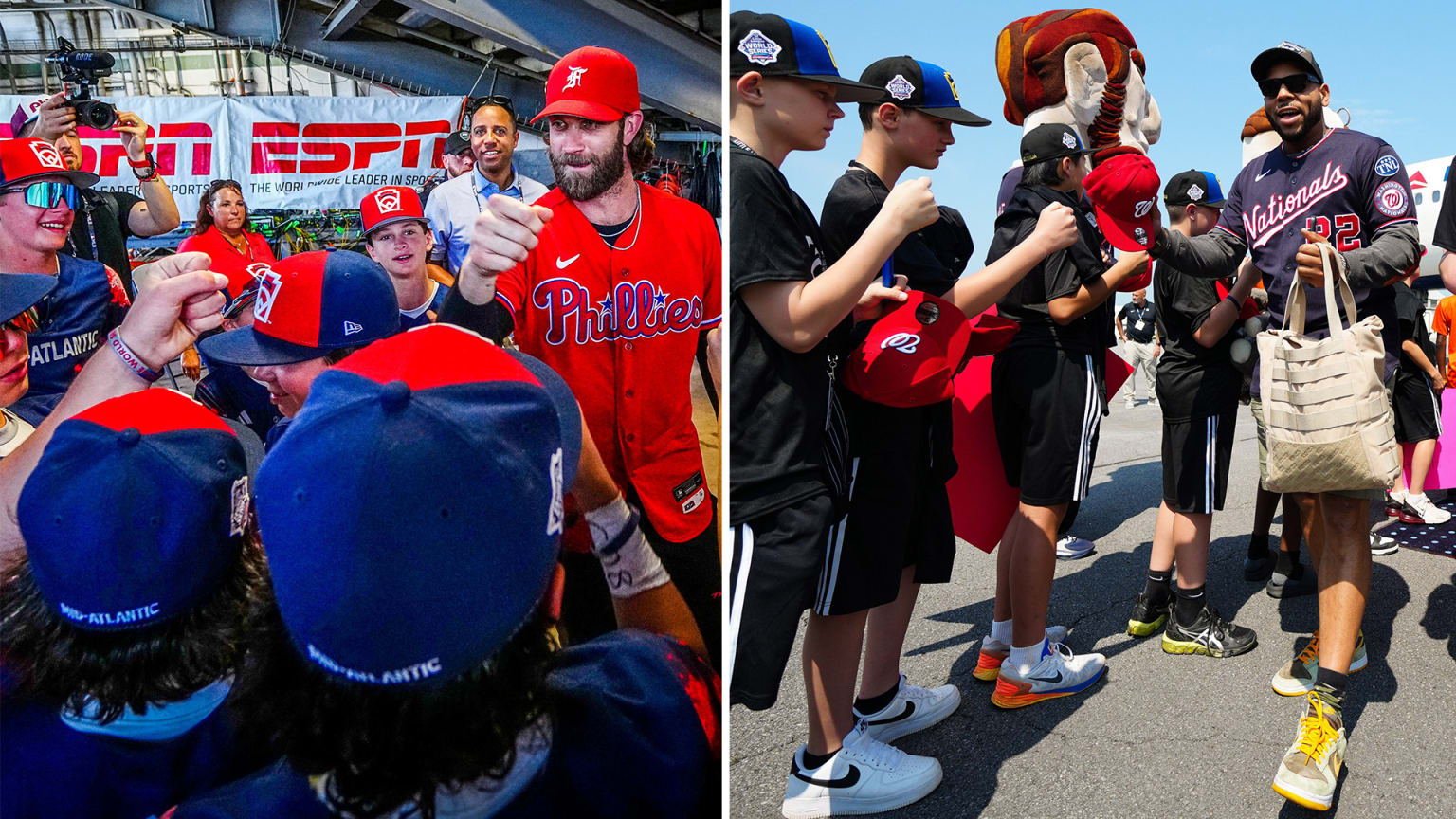 A split photo shows Bryce Harper and Dominic Smith with Little League players