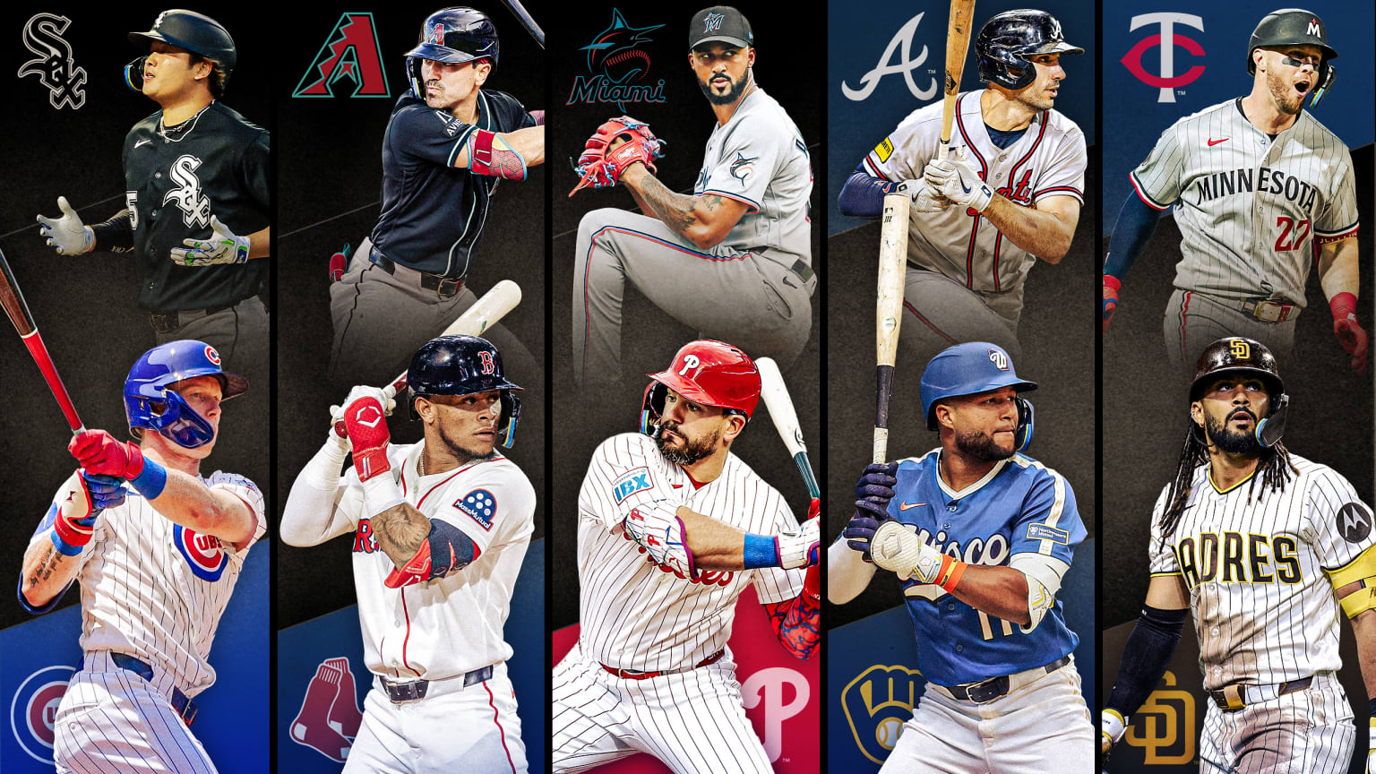 A designed image with 10 players illustrating five MLB series to watch this week