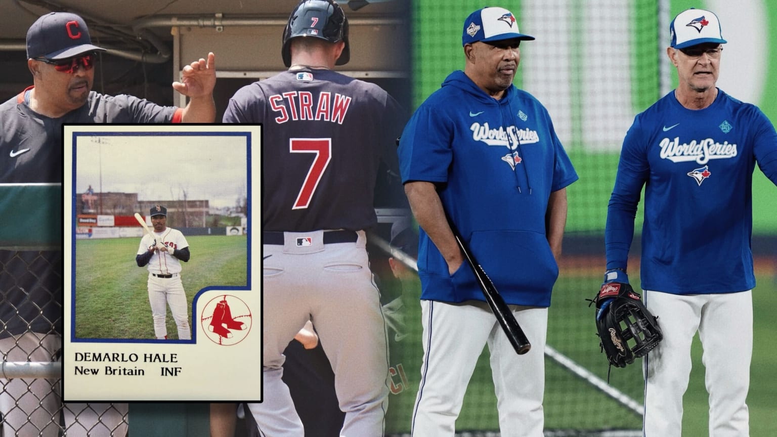 Images of Blue Jays coach DeMarlo Hale at the World Series, with Cleveland and on a Minor League baseball card as a player