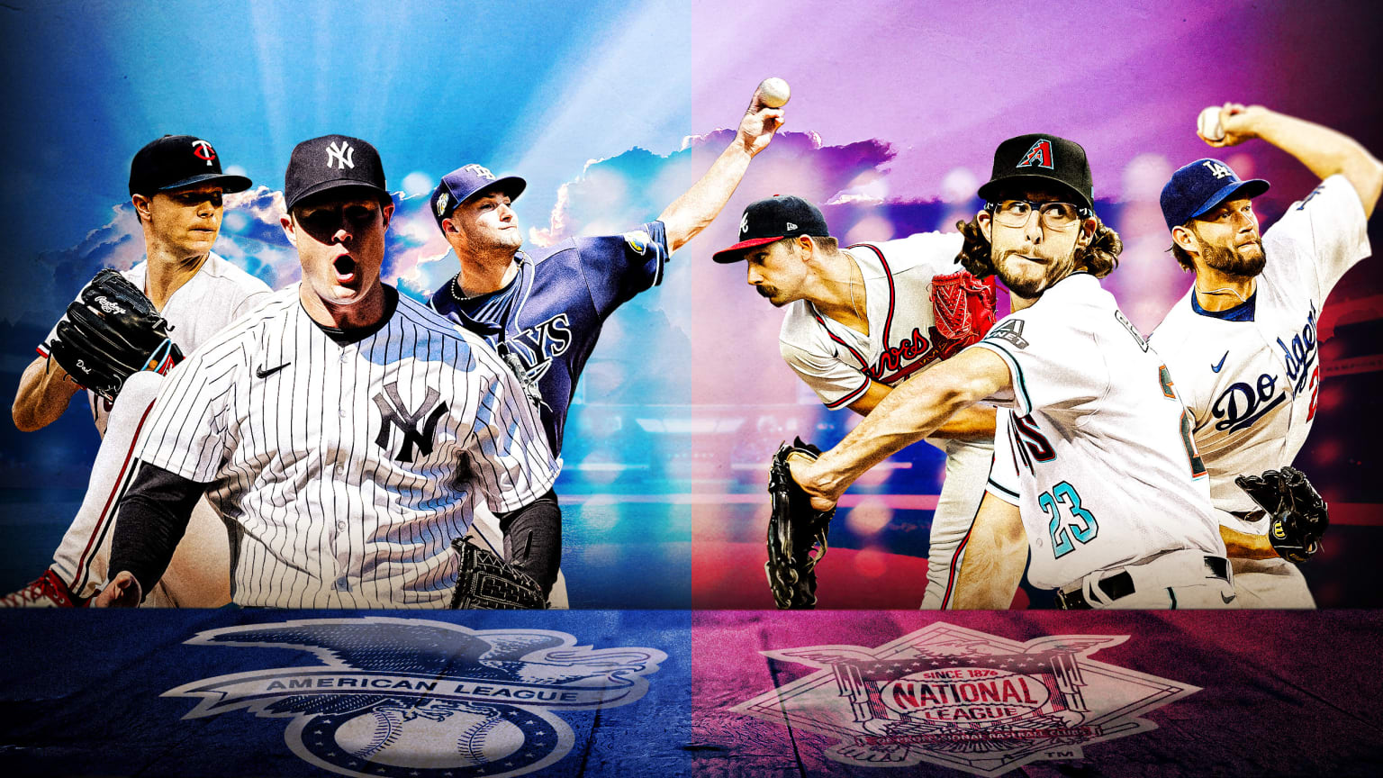 A photo illustration with three American League pitchers on the left and three National League hurlers on the right
