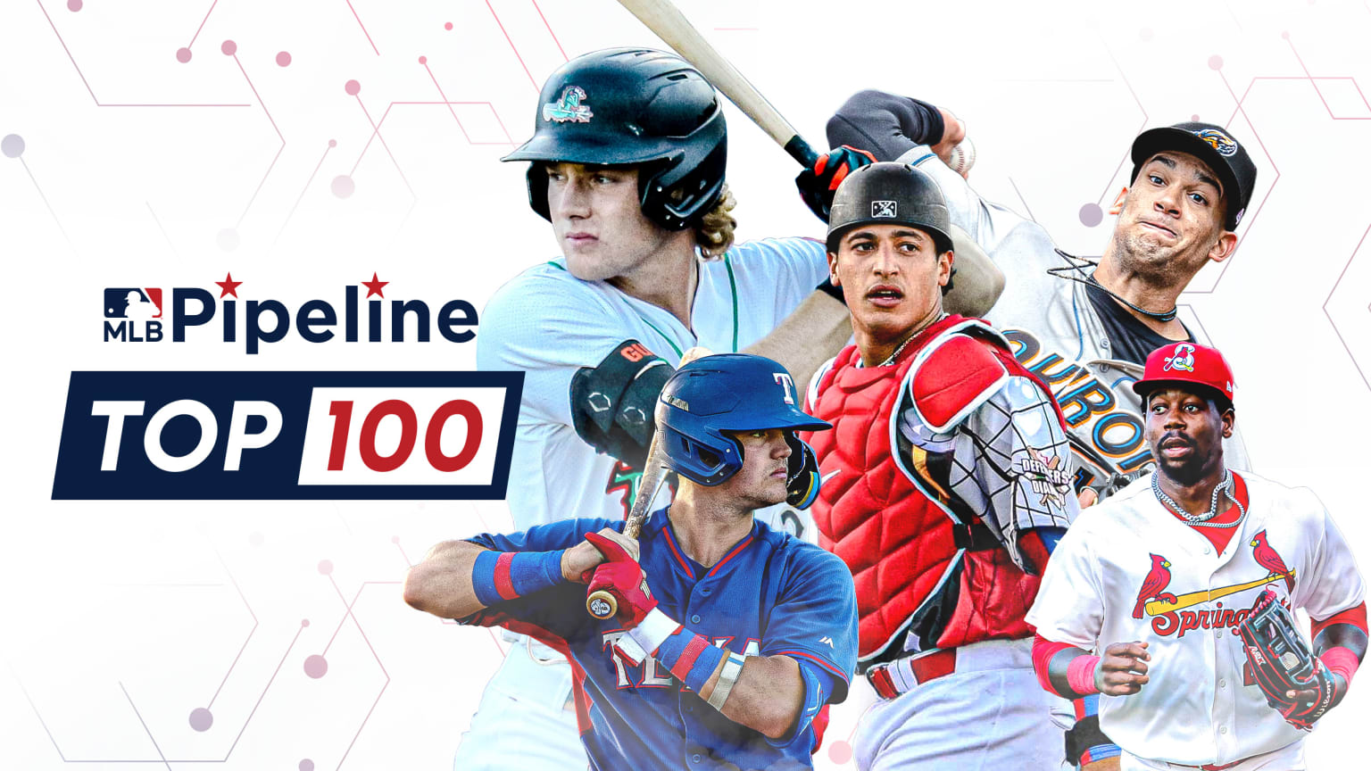 A photo illustration of five prospects and the words ''MLB Pipeline Top 100''