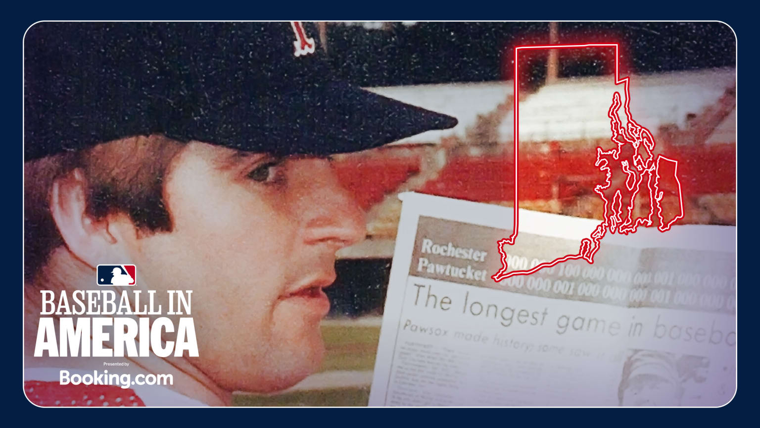 A Pawtucket player holds up a newspaper article behind an outlined image of Rhode Island