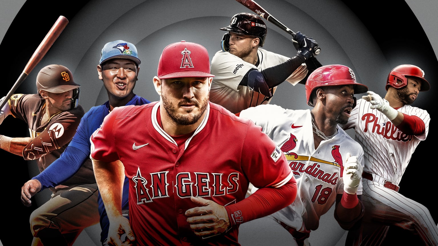 Nick Castellanos, Kazuma Okamoto, Mike Trout, Parker Meadows, Jordan Walker and Justin Crawford