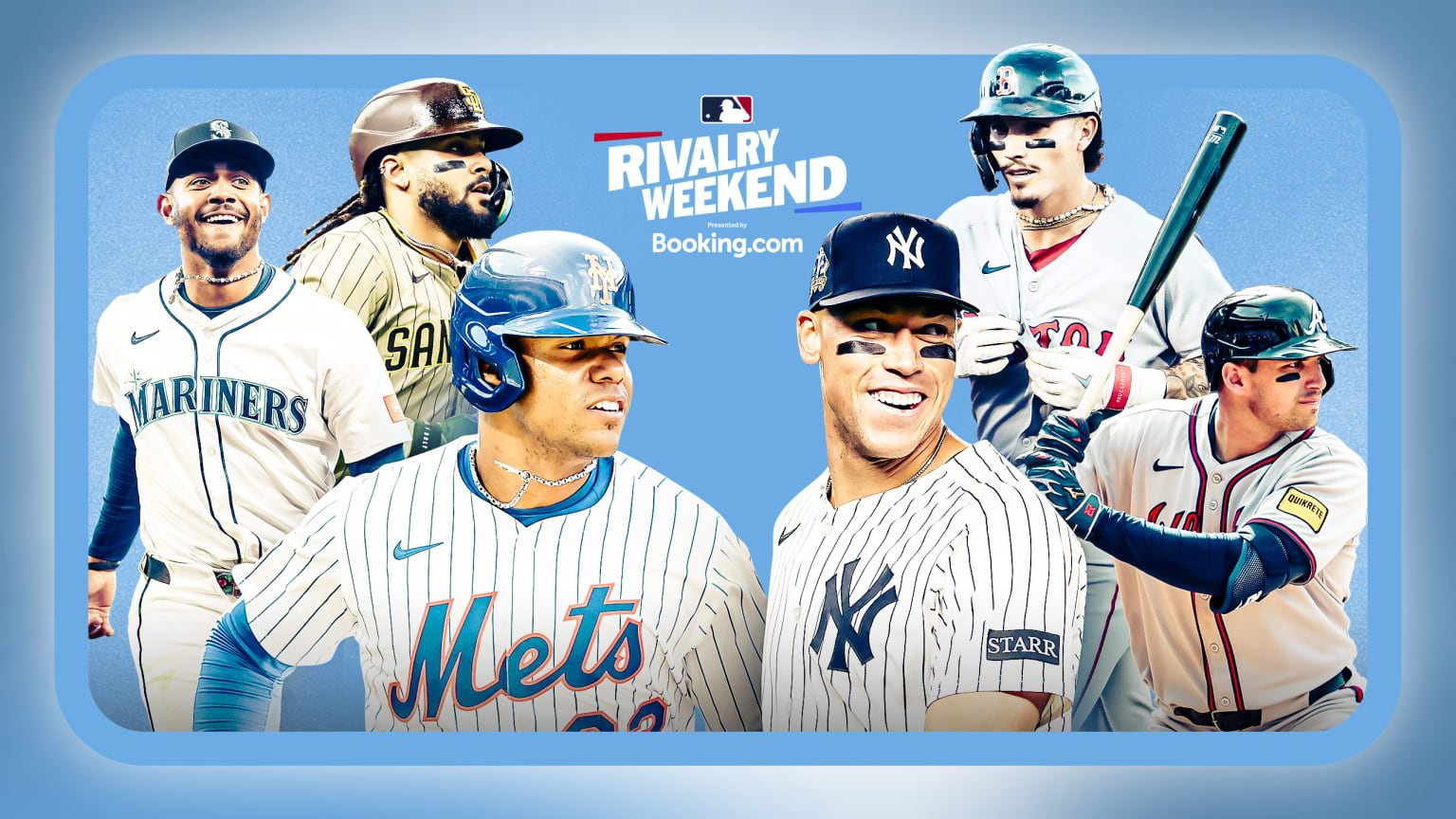 Julio Rodríguez, Fernando Tatis Jr., Juan Soto, Aaron Judge, Jarren Duran and Austin Riley surround the Rivalry Weekend logo