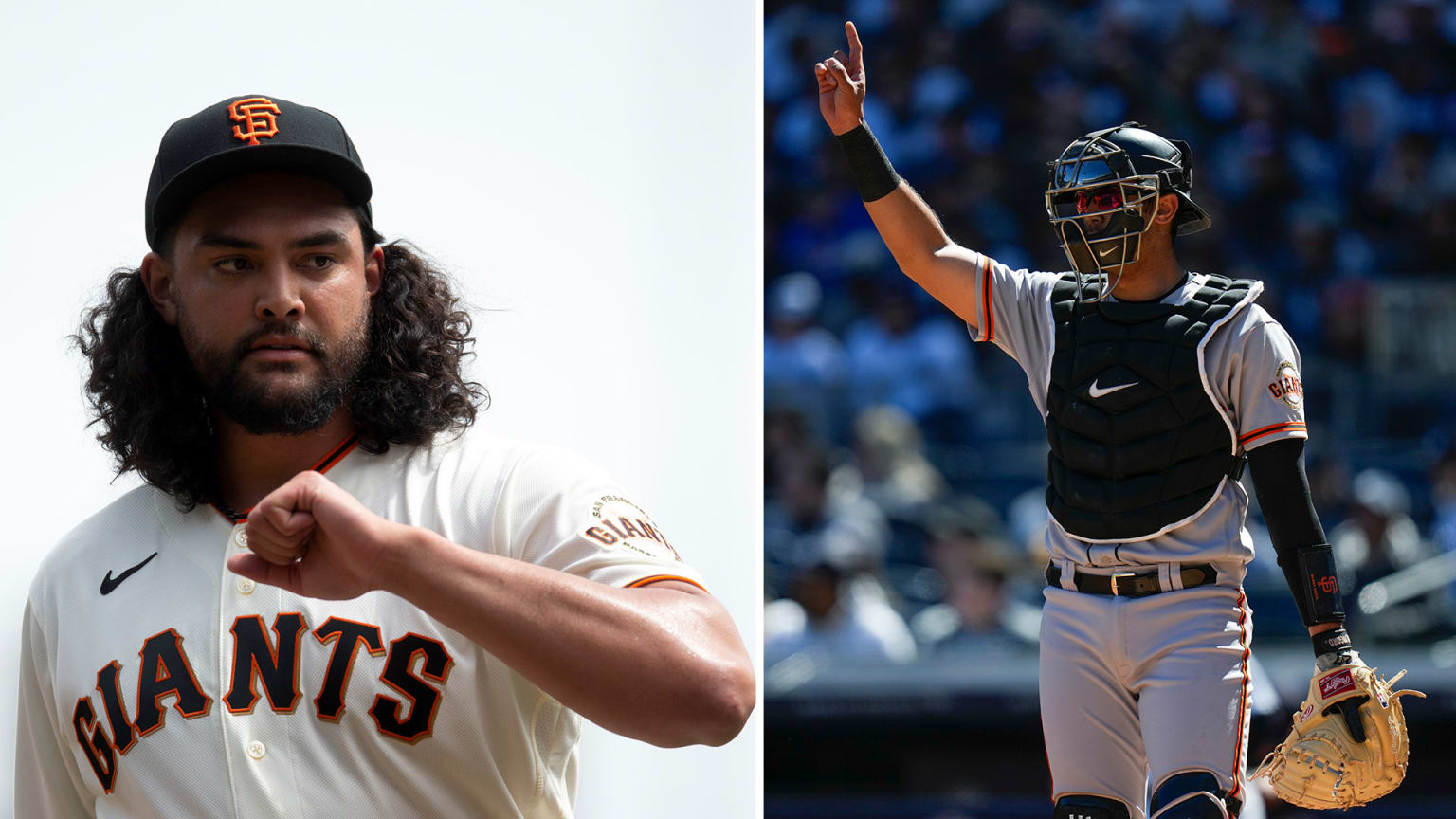 Giants players Sean Manaea and Blake Sabol in a split photograph