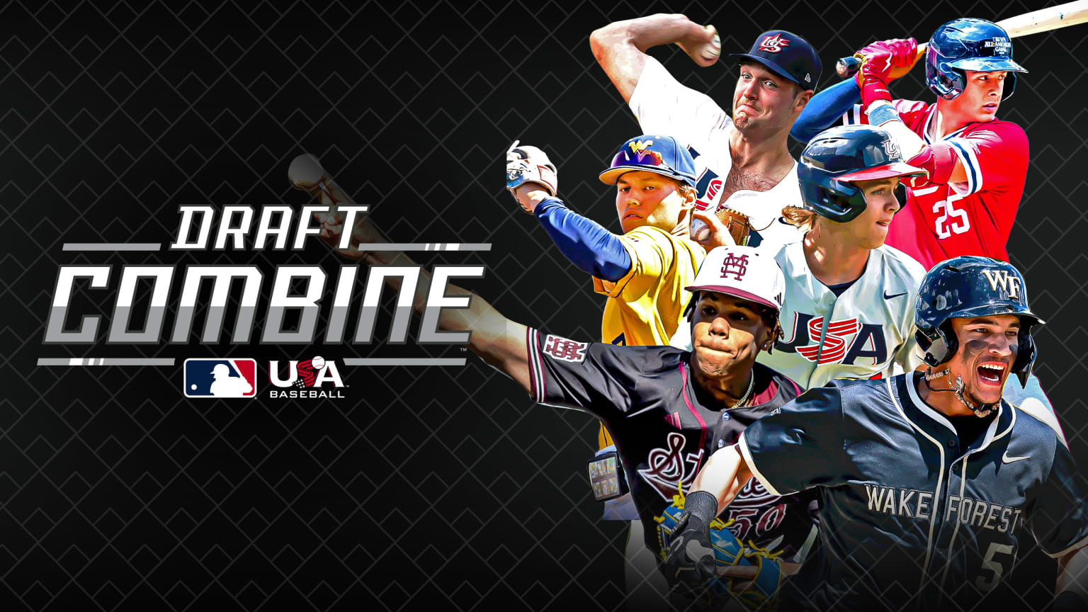 A photo illustration of six players going to the Draft Combine, with the Combine logo