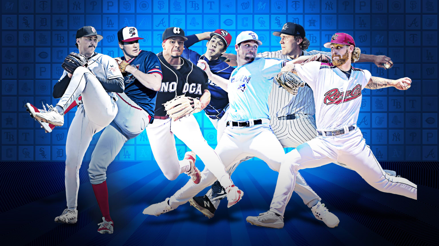 A collage of seven of May's hottest Minor League pitching prospects