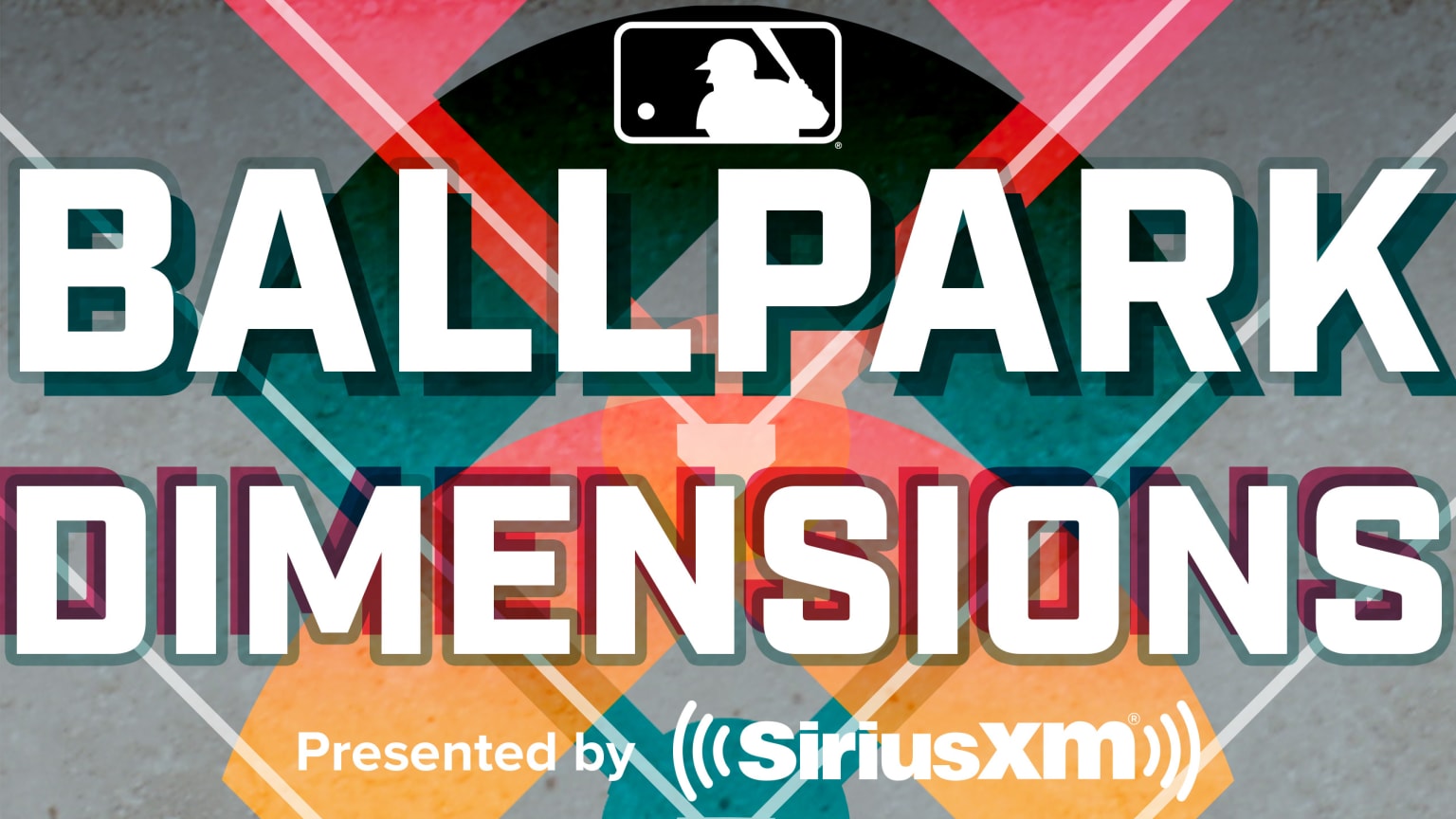 The MLB logo atop the words Ballpark Dimensions presented by SiriusXM, with a baseball field in the background
