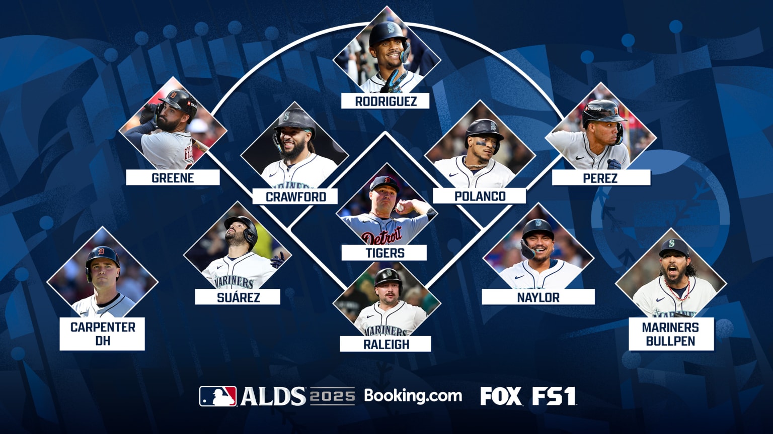 A designed image of a baseball diamond with images of the best player at each position in the Tigers-Mariners series