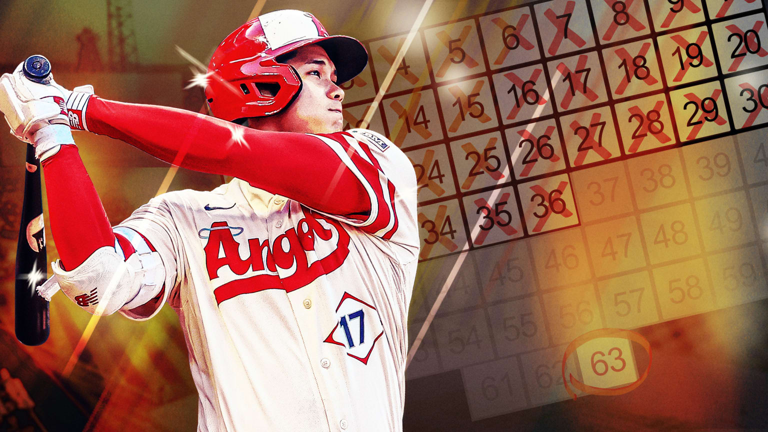 A photo illustration of Shohei Ohtani finishing a swing with a background of a grid counting up to 63