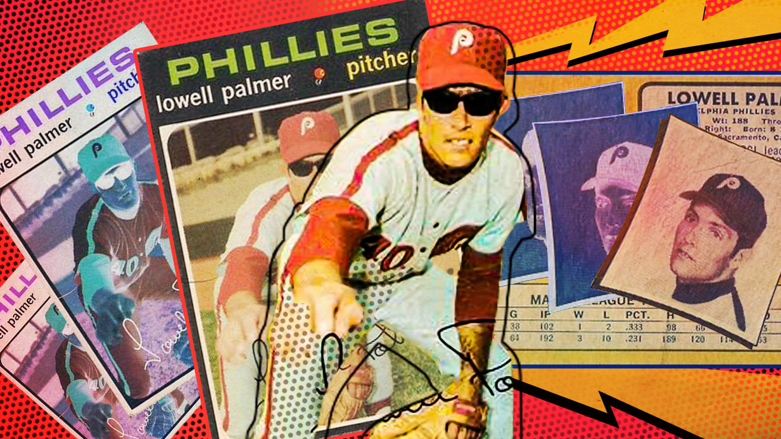 A player in a Phillies uniform poses in a pitching position, wearing sunglasses. Behind him, the image is repeated on a baseball card, then again the same card in negative colors