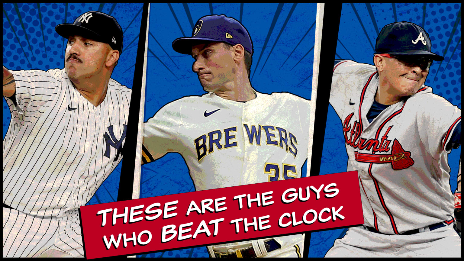 A photo illustration showing three pitchers and the words, ''These are the guys who beat the clock''