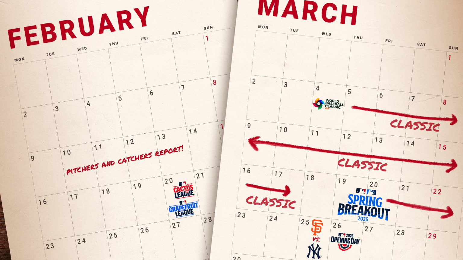 Calendar pages showing key dates on the MLB schedule