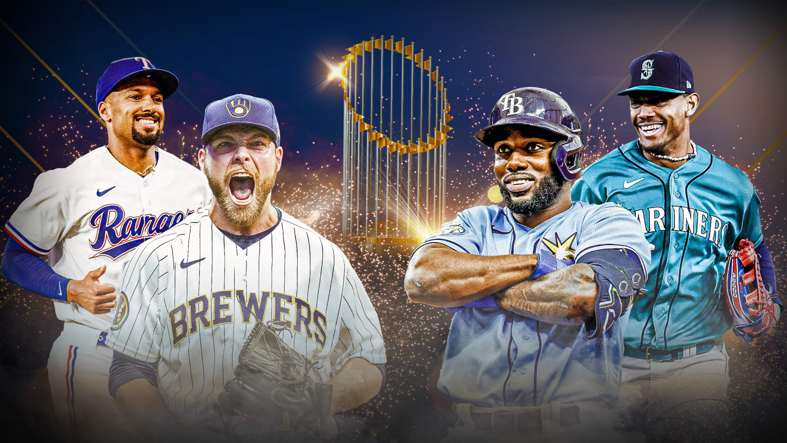 A photo illustration with players from the Rangers, Brewers, Rays and Mariners