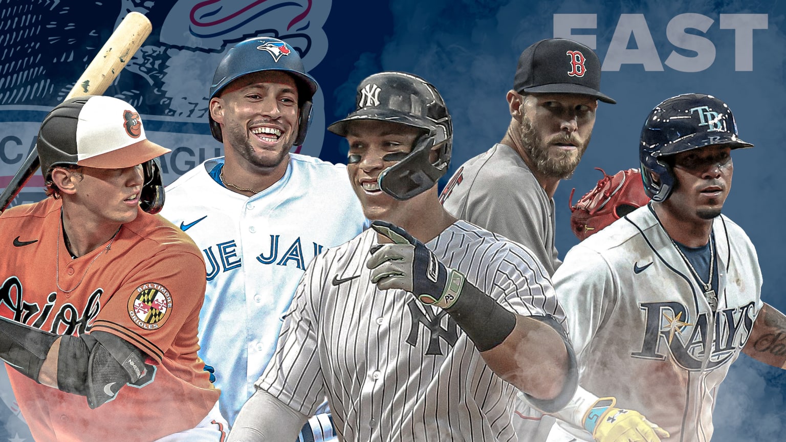 A photo illustration of five players, one each from the Orioles, Blue Jays, Yankees, Red Sox and Rays