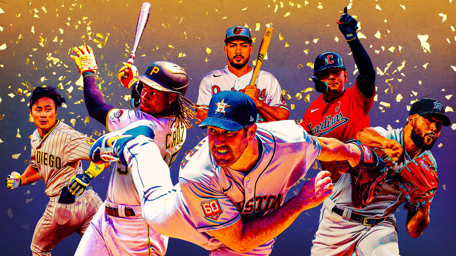 A composite image of 6 players performing various baseball activities amidst gold confetti