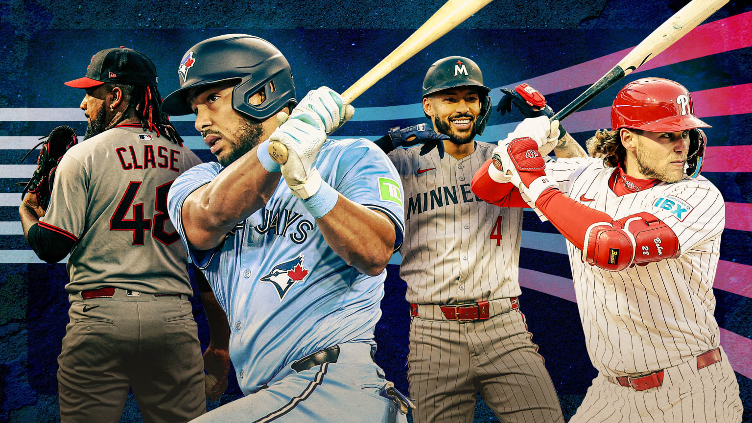 Game-action images of Emmanuel Clase, Anthony Santander, Carlos Correa and Alec Bohm