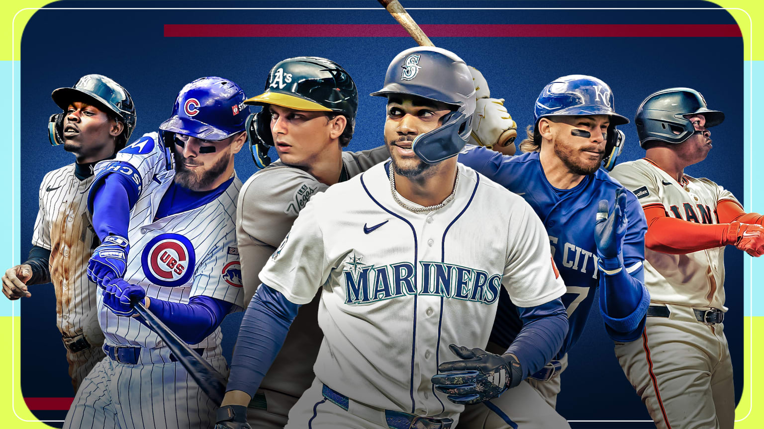 Jazz Chisholm Jr., Michael Busch, Nick Kurtz, Julio Rodríguez, Bobby Witt Jr. and Rafael Devers