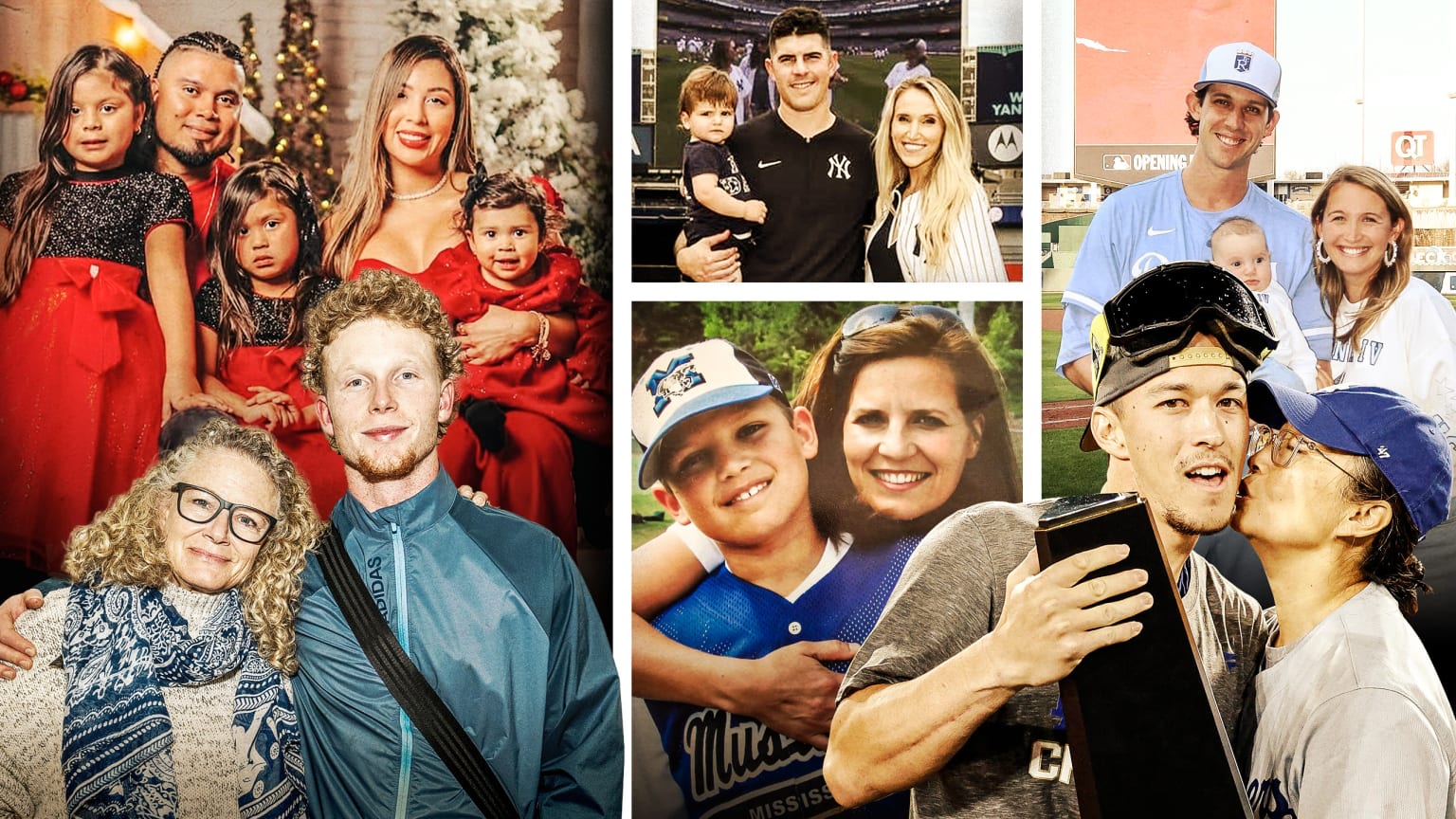 A collage of photos of players with their mothers, wives and children