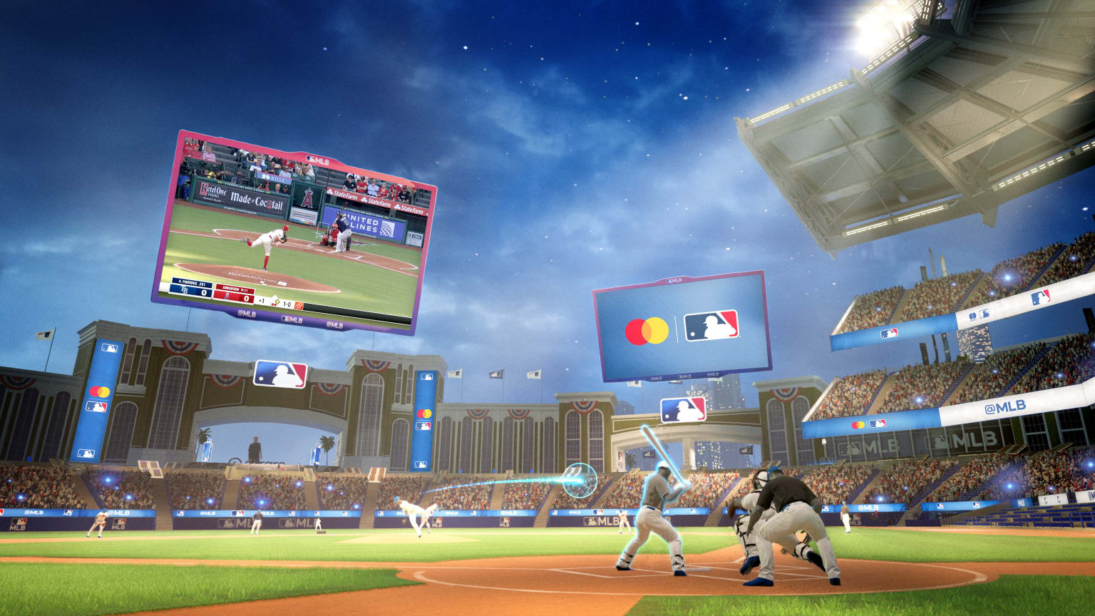A digital image of a baseball game in a virtual ballpark