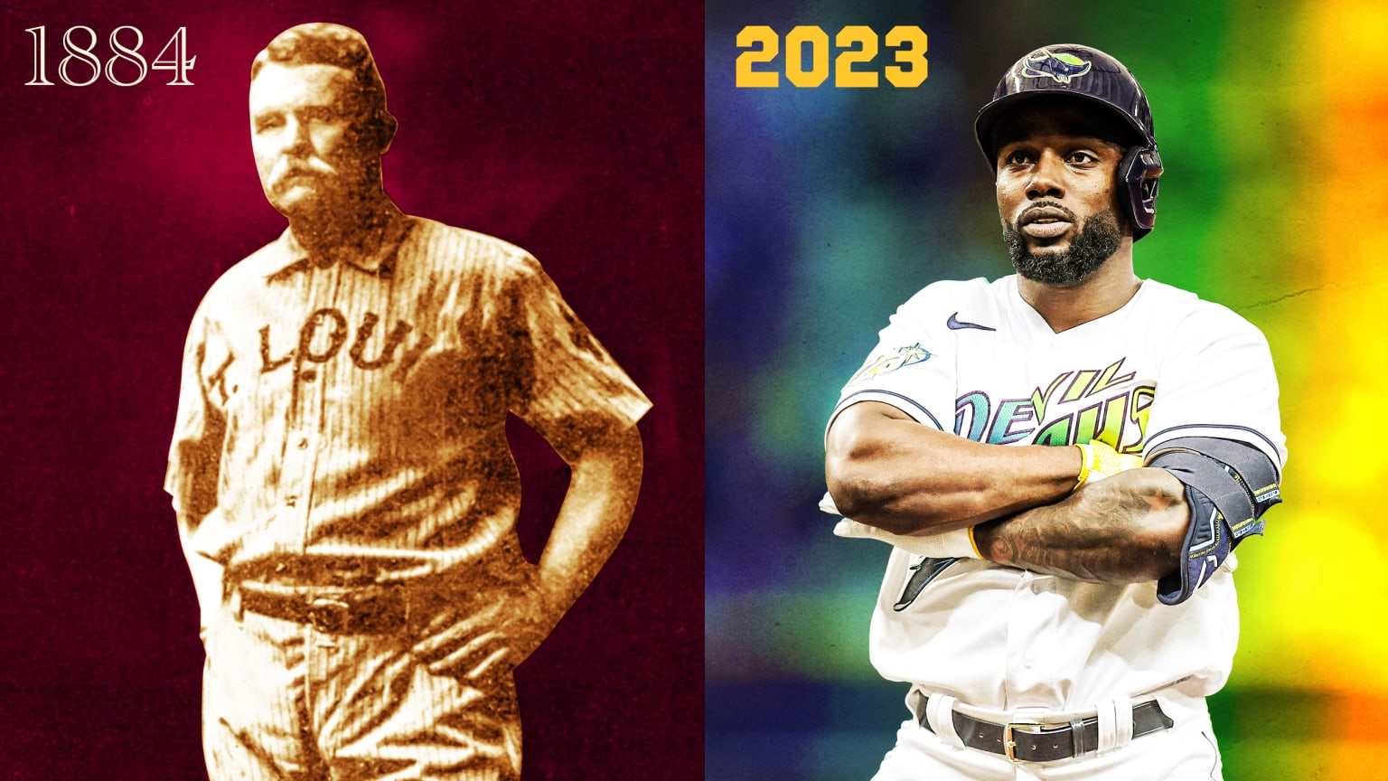 A photo illustration with an 1884 player on the left and Randy Arozarena in 2023 on the right