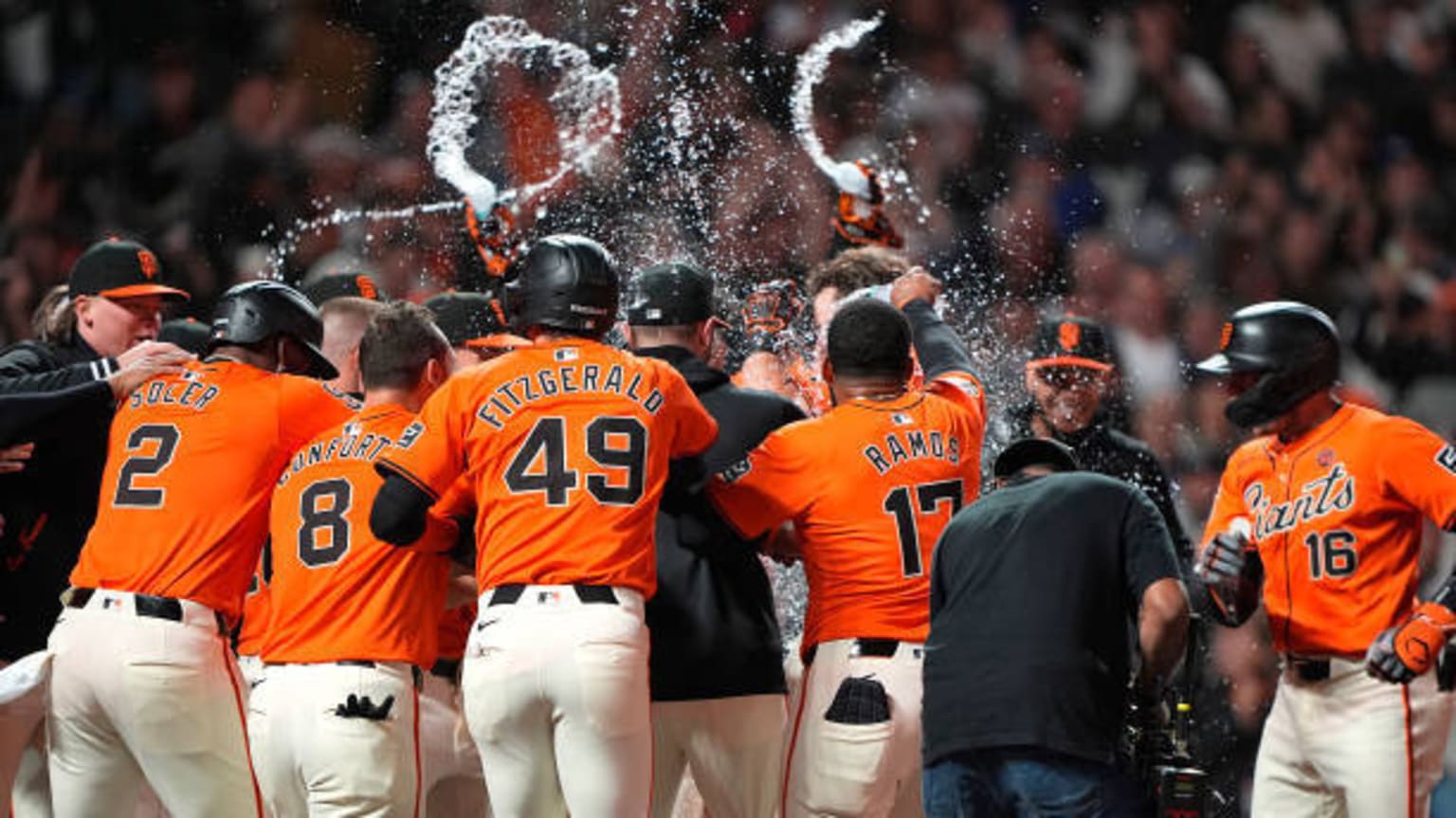 The Giants celebrate after a walk-off victory