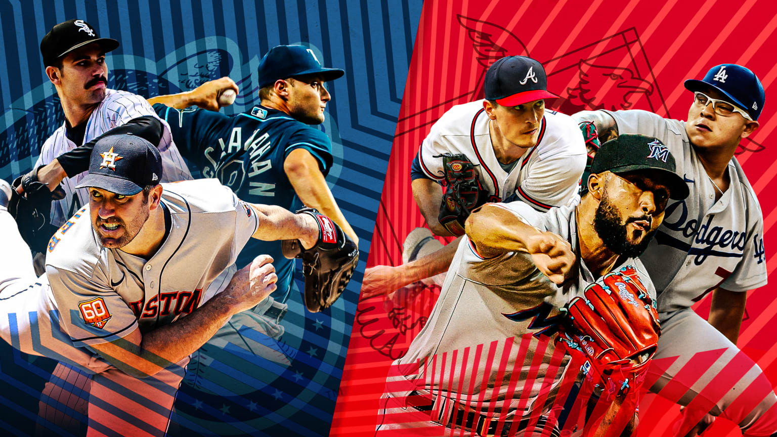 A split image showing three American League pitchers over a blue background on the left and three National League pitchers over a red background on the right