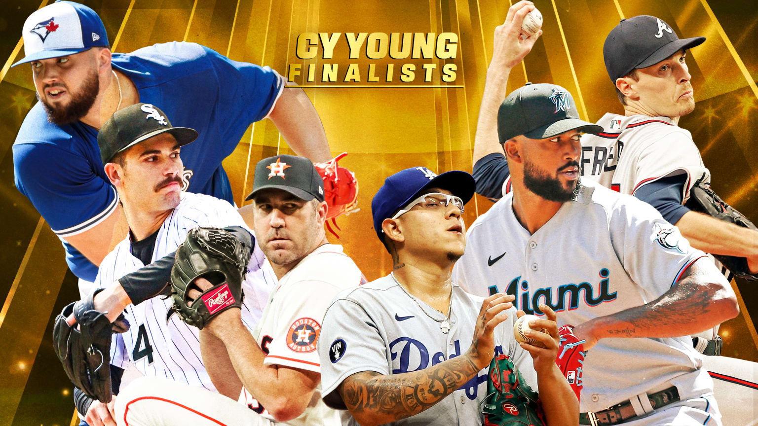 6 Cy Young Award finalists arranged over a gold background