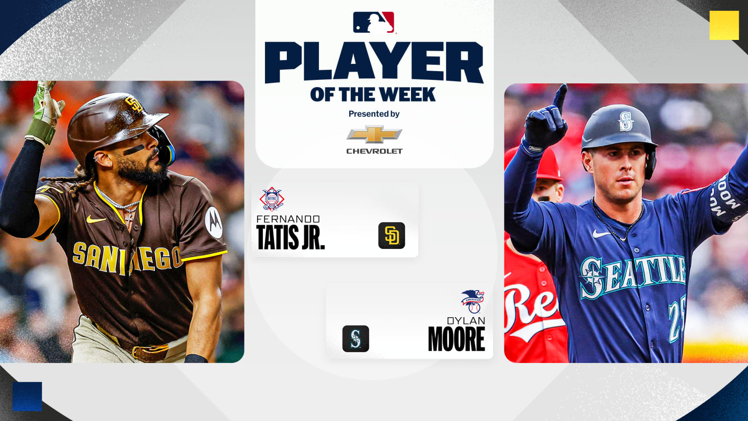 Fernando Tatis Jr. of the Padres and Dylan Moore of the Mariners flank the Player of the Week logo