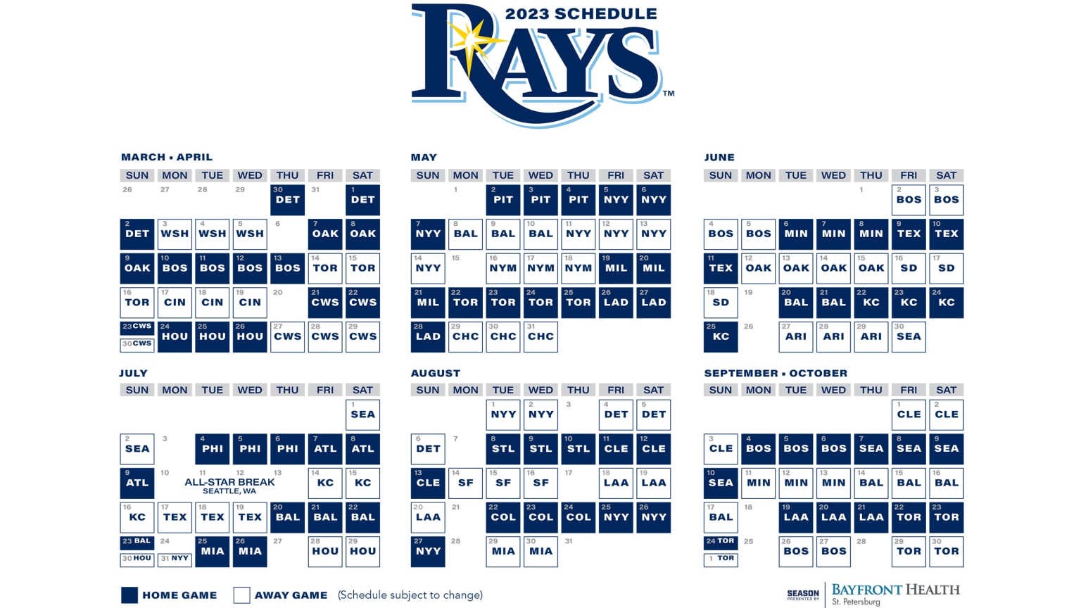 Rays Printable Schedule | Tampa Bay Rays