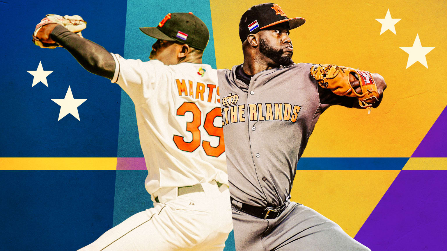 A photo illustration with split images of a pitcher in two different uniforms
