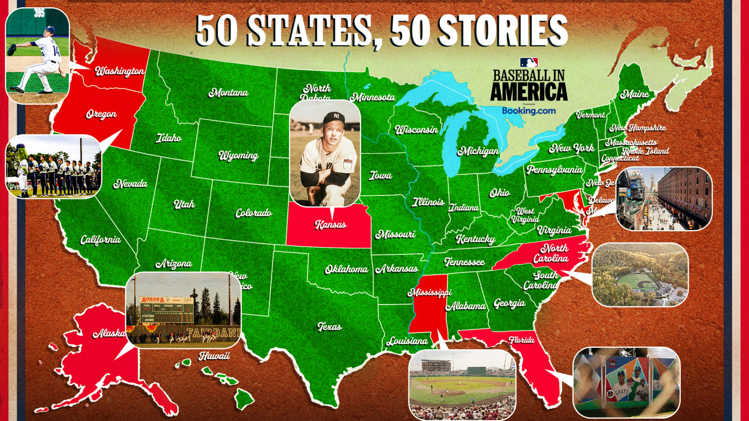 A map of the United States highlighting baseball in various states