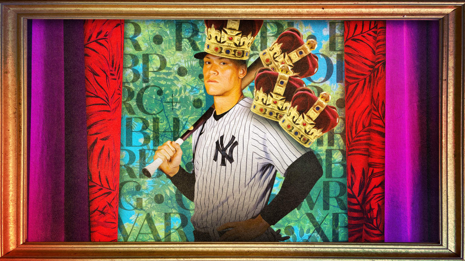 A designed image showing a posed Aaron Judge with a crown on his head holding a bat over his shoulder. Another crown hangs off the end of the bat, with two more perched on his left shoulder