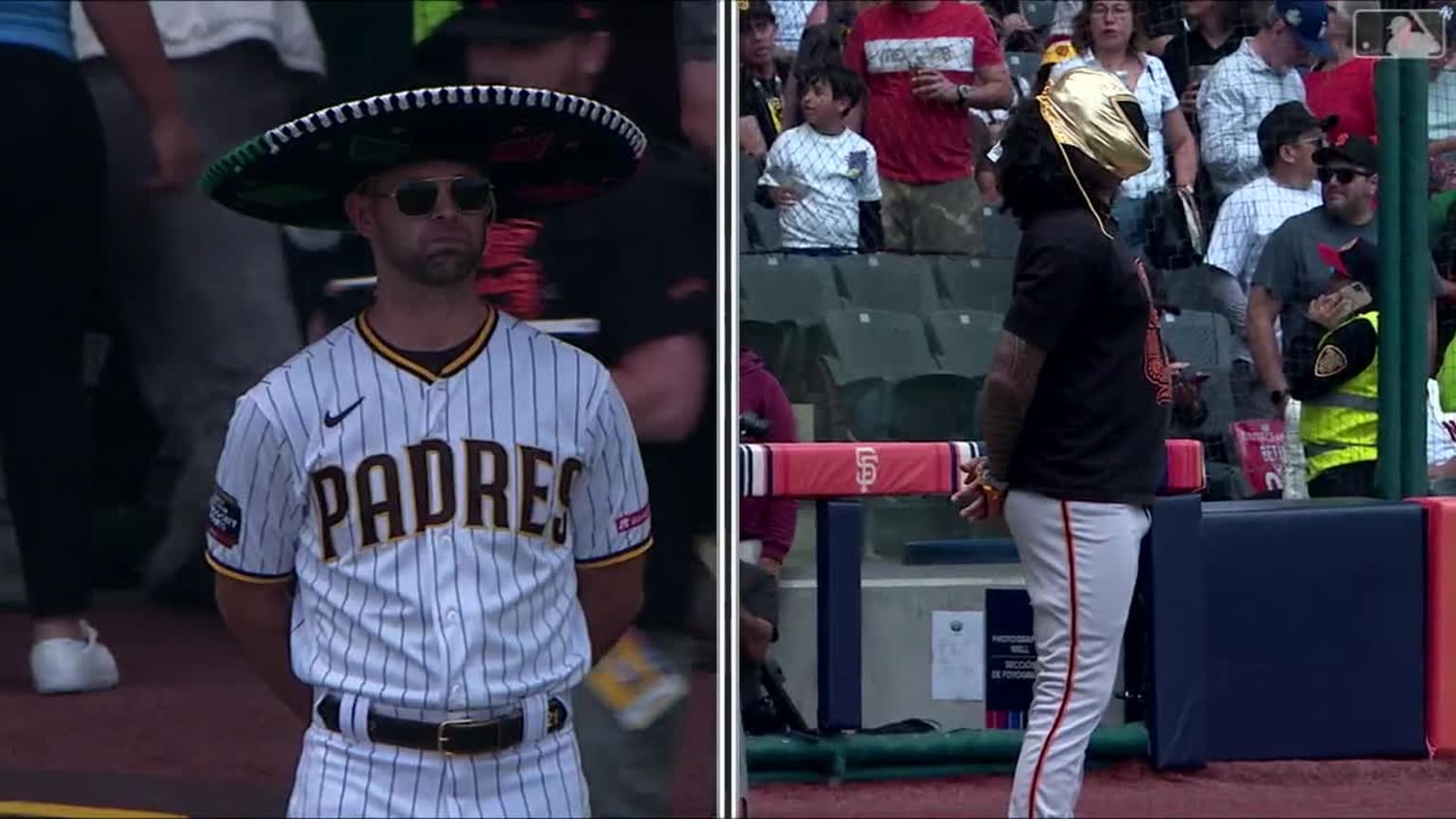 A split photo shows Nick Martinez wearing a sombrero and Sean Manaea wearing a wrestling mask