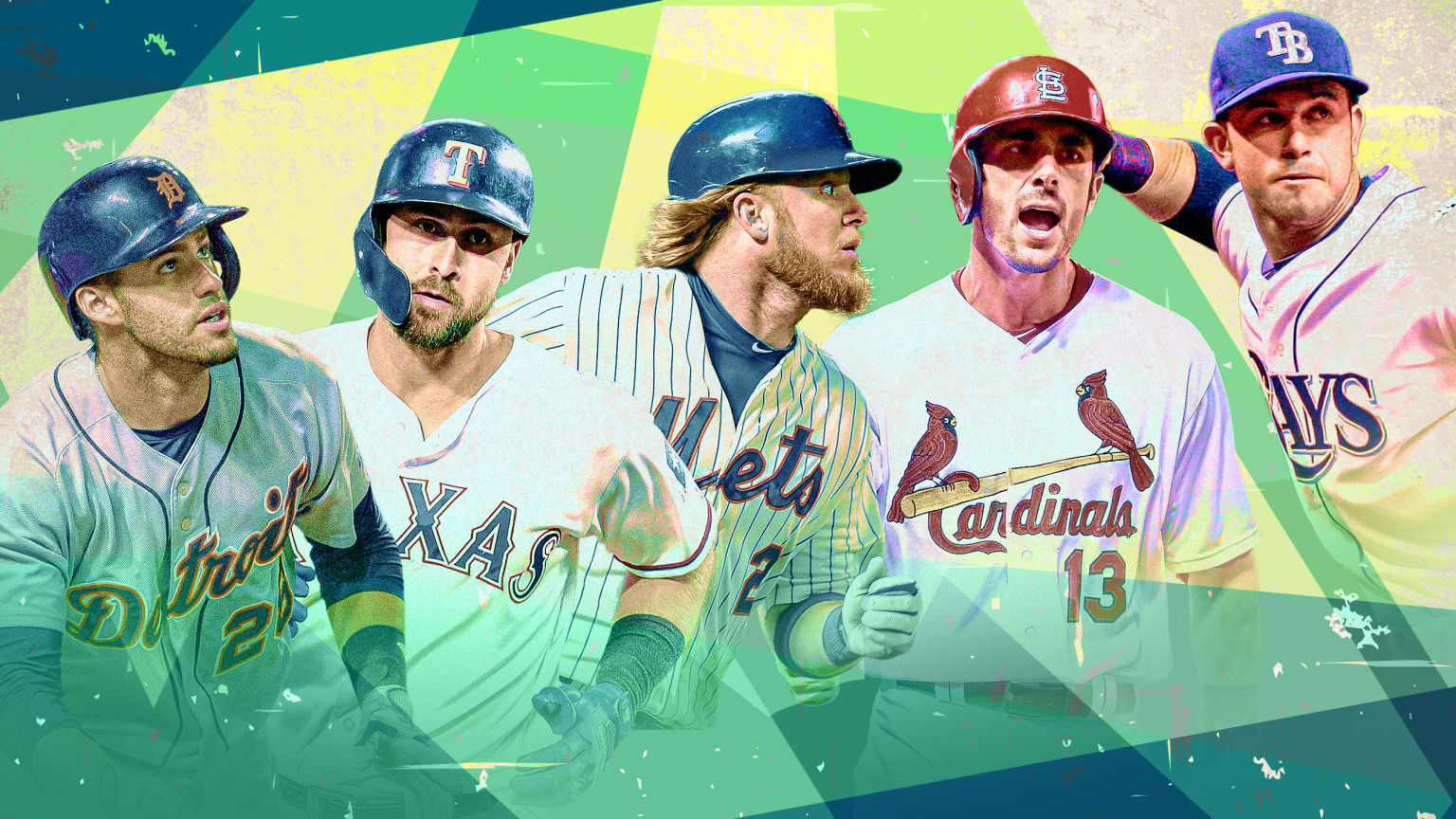 J.D. Martinez, Joey Gallo, Justin Turner, Matt Carpenter and Evan Longoria are pictured in uniforms of teams from earlier in their careers