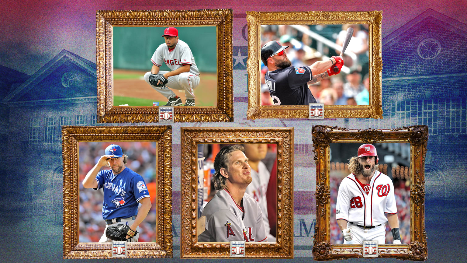 5 ornate frames with images of players in them against a background of the Baseball Hall of Fame