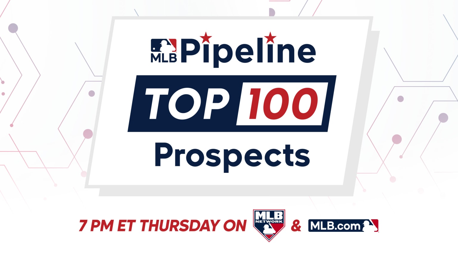 A graphic reading, ''MLB Pipeline Top 100 Prospects 7 p.m. ET Thursday on MLB Network and MLB.com''