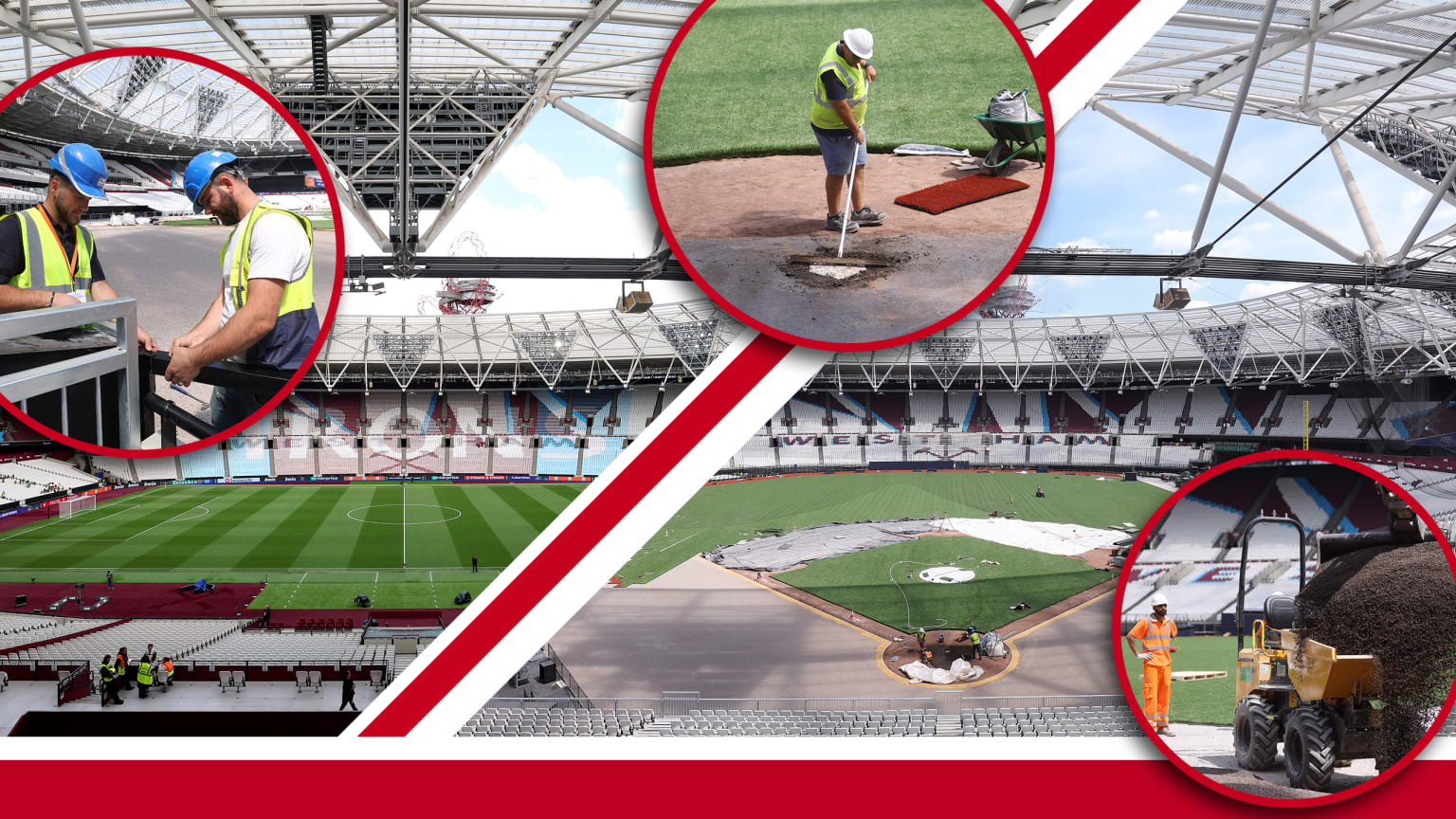 A photo illustration showing London Stadium as a soccer pitch and a baseball field, with insets of grouds crew members on the job